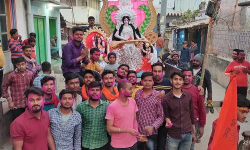 नम आंखों से मां शारदे की प्रतिमा विसर्जित हुई ।